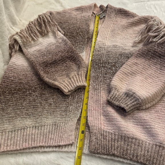 Frye and Co. Pink & Brown Ombre, Wool Blend, Cozy Knit Fringe Sweater Cardigan - Picture 12 of 14